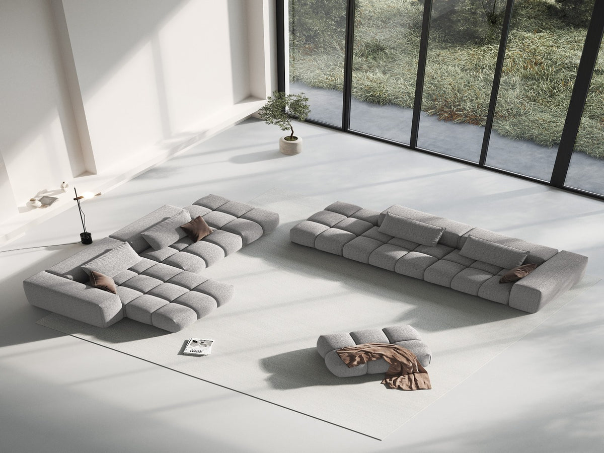 Modulares Ecksofa Verona Links in Beige-Sorella mit Massivholzrahmen, schwarzen Kunststoffbeinen und strukturiertem Tweed-Polsterstoff, 4 Sitzplätze.