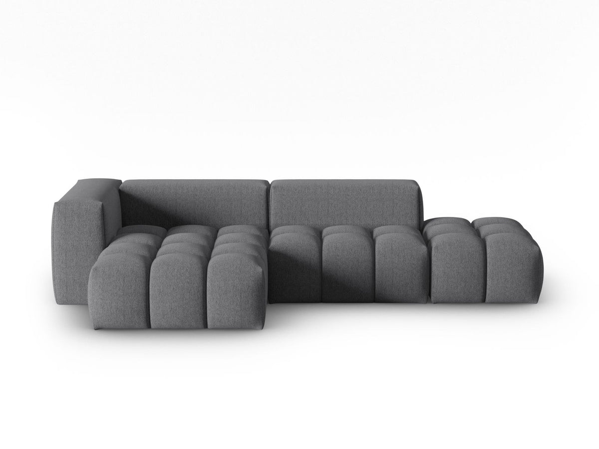 Modulares Ecksofa Verona Links in Beige-Sorella mit Massivholzrahmen, schwarzen Kunststoffbeinen und strukturiertem Tweed-Polsterstoff, 4 Sitzplätze.