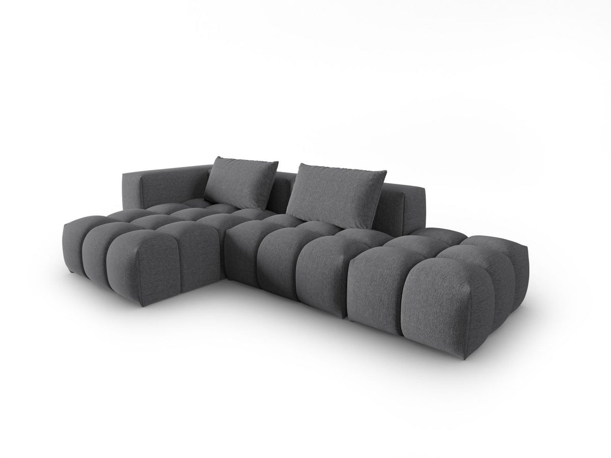 Modulares Ecksofa Verona Links in Beige-Sorella mit Massivholzrahmen, schwarzen Kunststoffbeinen und strukturiertem Tweed-Polsterstoff, 4 Sitzplätze.