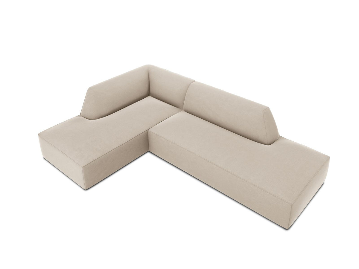 Modulares Ecksofa links in Beige-Salvador Samtstoff, schwarze Kunststoffbeine, Récamiere und gepolsterte Rückenlehne, 4-Sitzer, 180cm Breite.