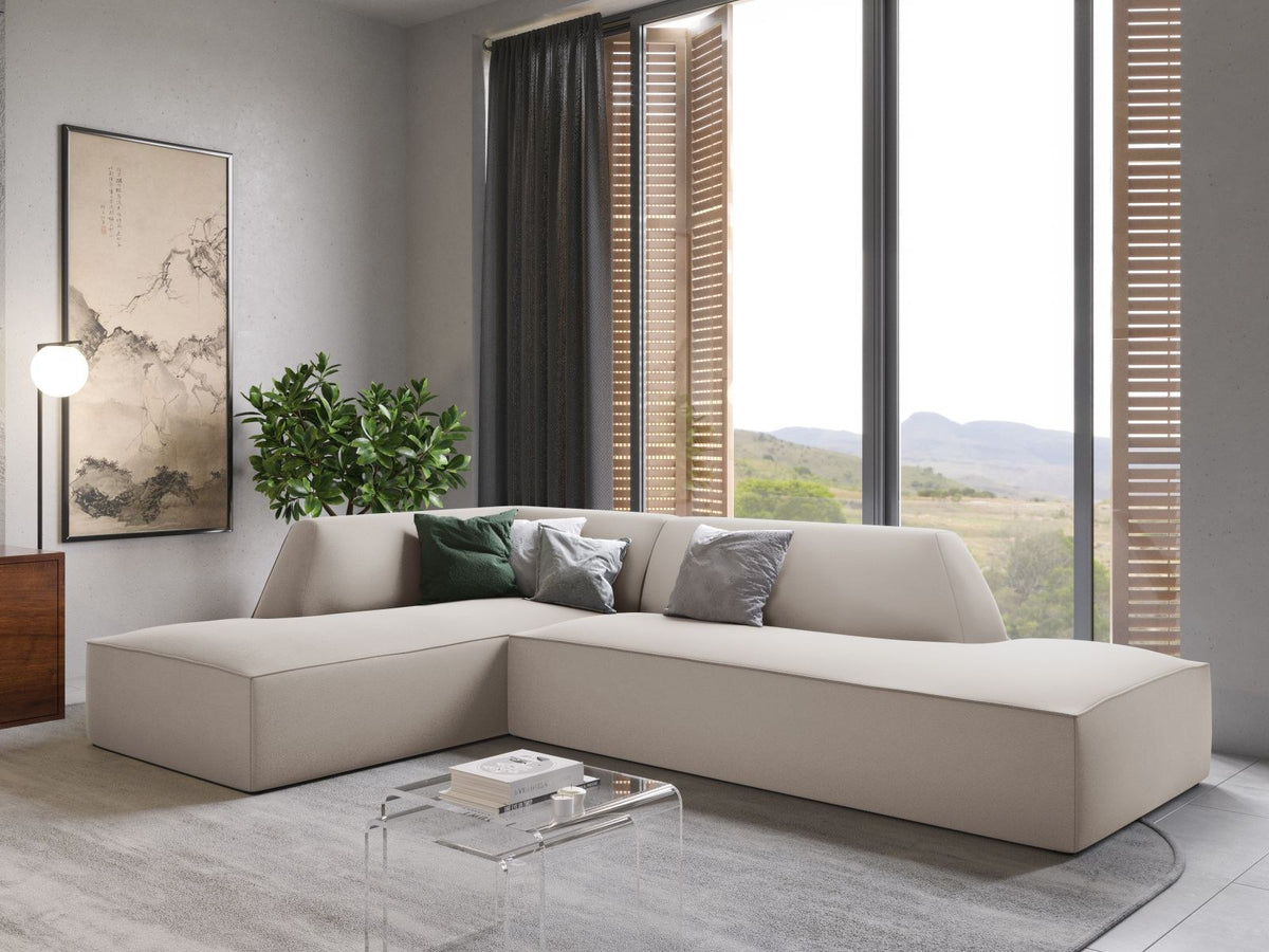 Modulares Ecksofa links in Beige-Salvador Samtstoff, schwarze Kunststoffbeine, Récamiere und gepolsterte Rückenlehne, 4-Sitzer, 180cm Breite.