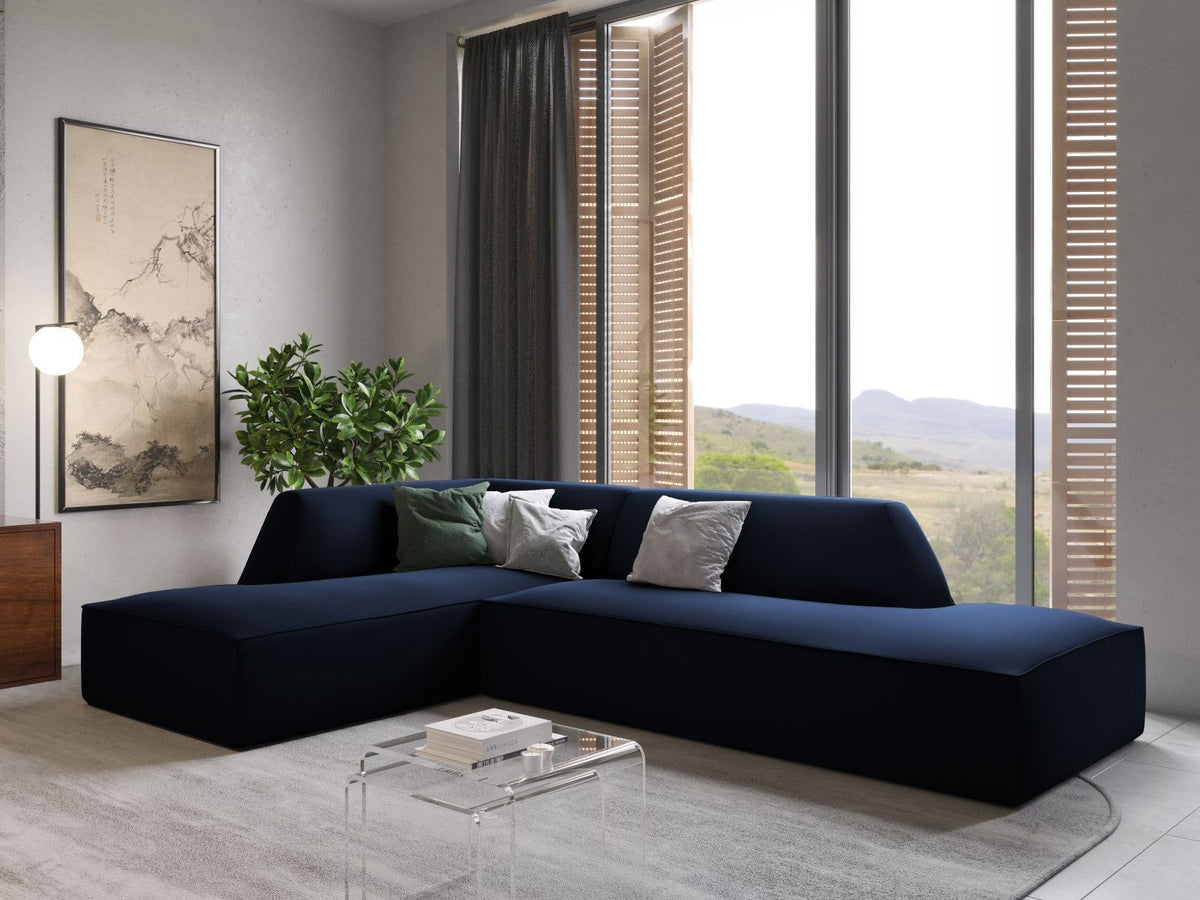Modulares Ecksofa links in Beige-Salvador Samtstoff, schwarze Kunststoffbeine, Récamiere und gepolsterte Rückenlehne, 4-Sitzer, 180cm Breite.