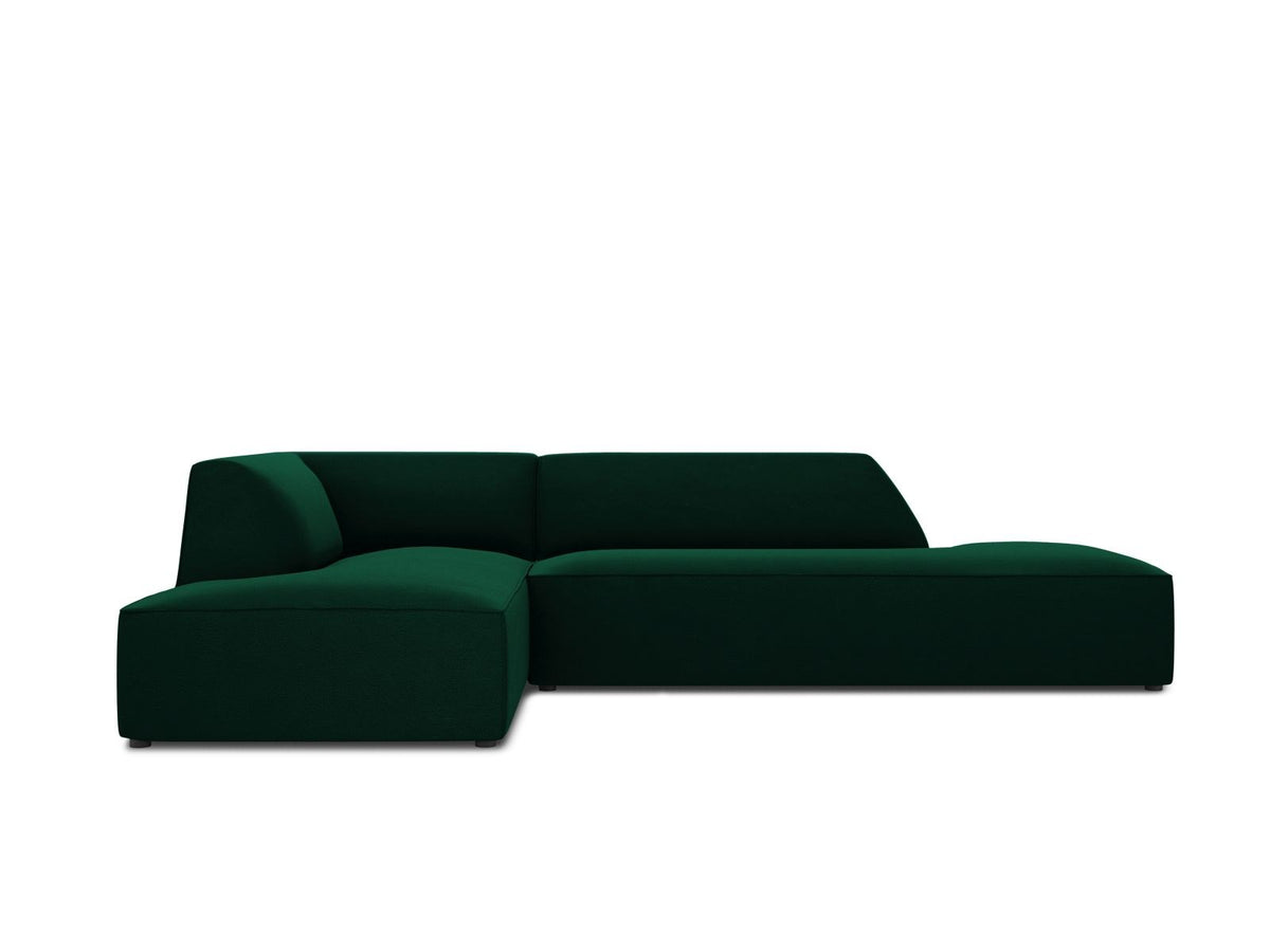 Modulares Ecksofa links in Beige-Salvador Samtstoff, schwarze Kunststoffbeine, Récamiere und gepolsterte Rückenlehne, 4-Sitzer, 180cm Breite.