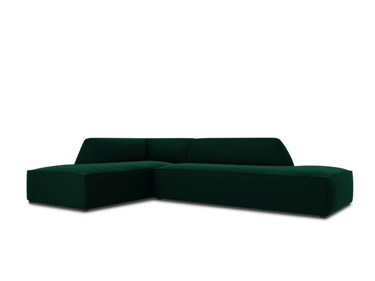 Modulares Ecksofa links in Beige-Salvador Samtstoff, schwarze Kunststoffbeine, Récamiere und gepolsterte Rückenlehne, 4-Sitzer, 180cm Breite.