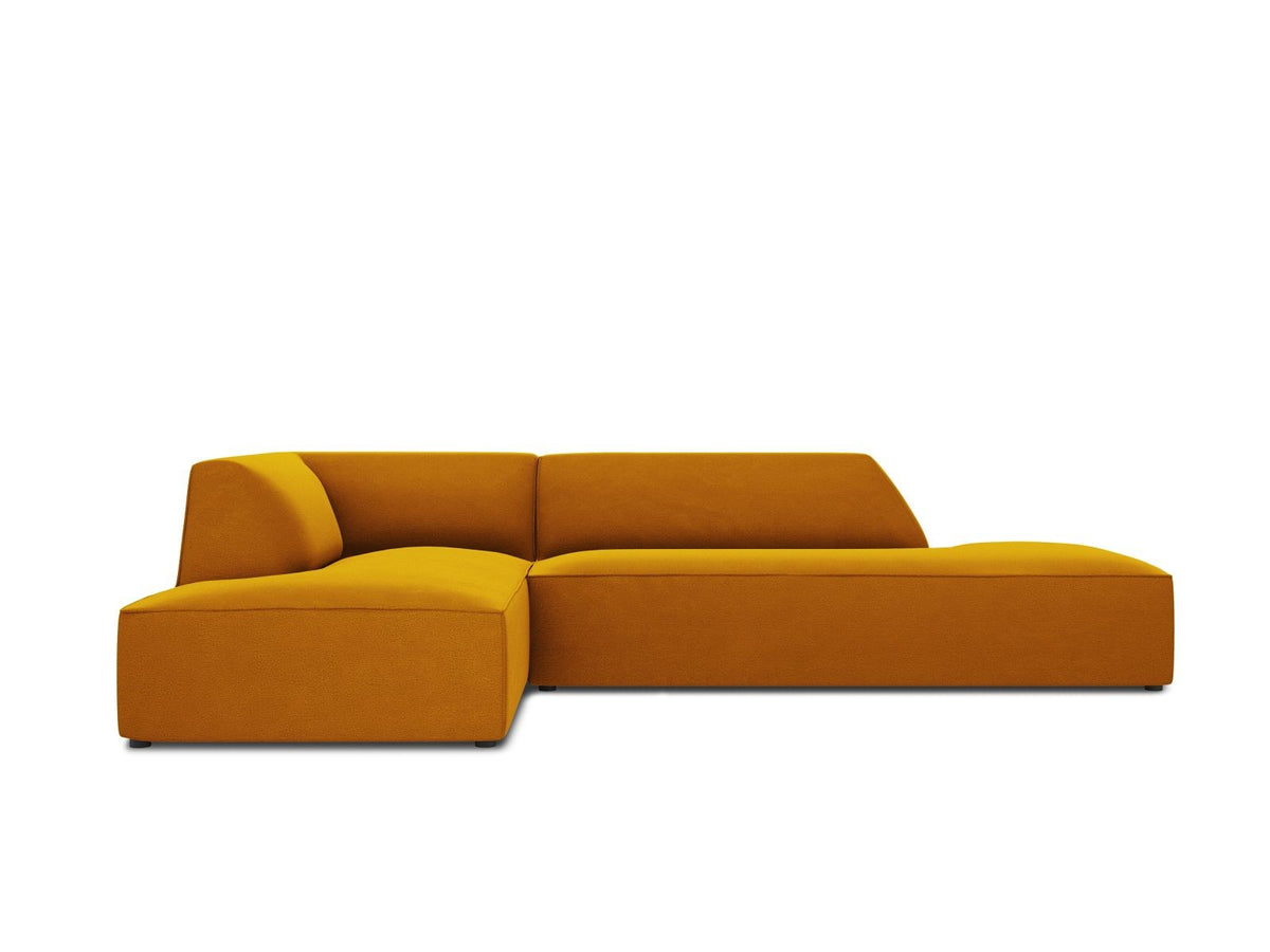 Modulares Ecksofa links in Beige-Salvador Samtstoff, schwarze Kunststoffbeine, Récamiere und gepolsterte Rückenlehne, 4-Sitzer, 180cm Breite.