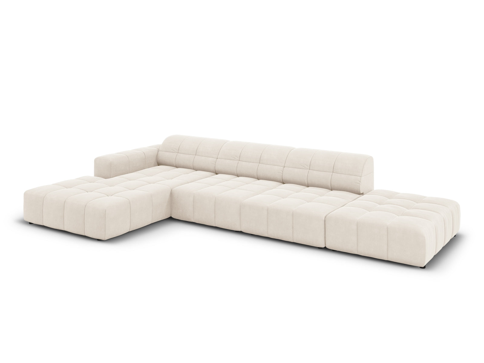 Beiges Chicago Velour Ecksofa links, 5 Sitzer, 166cm, perfektes Möbelstück für moderne und gemütliche Wohnlandschaften.