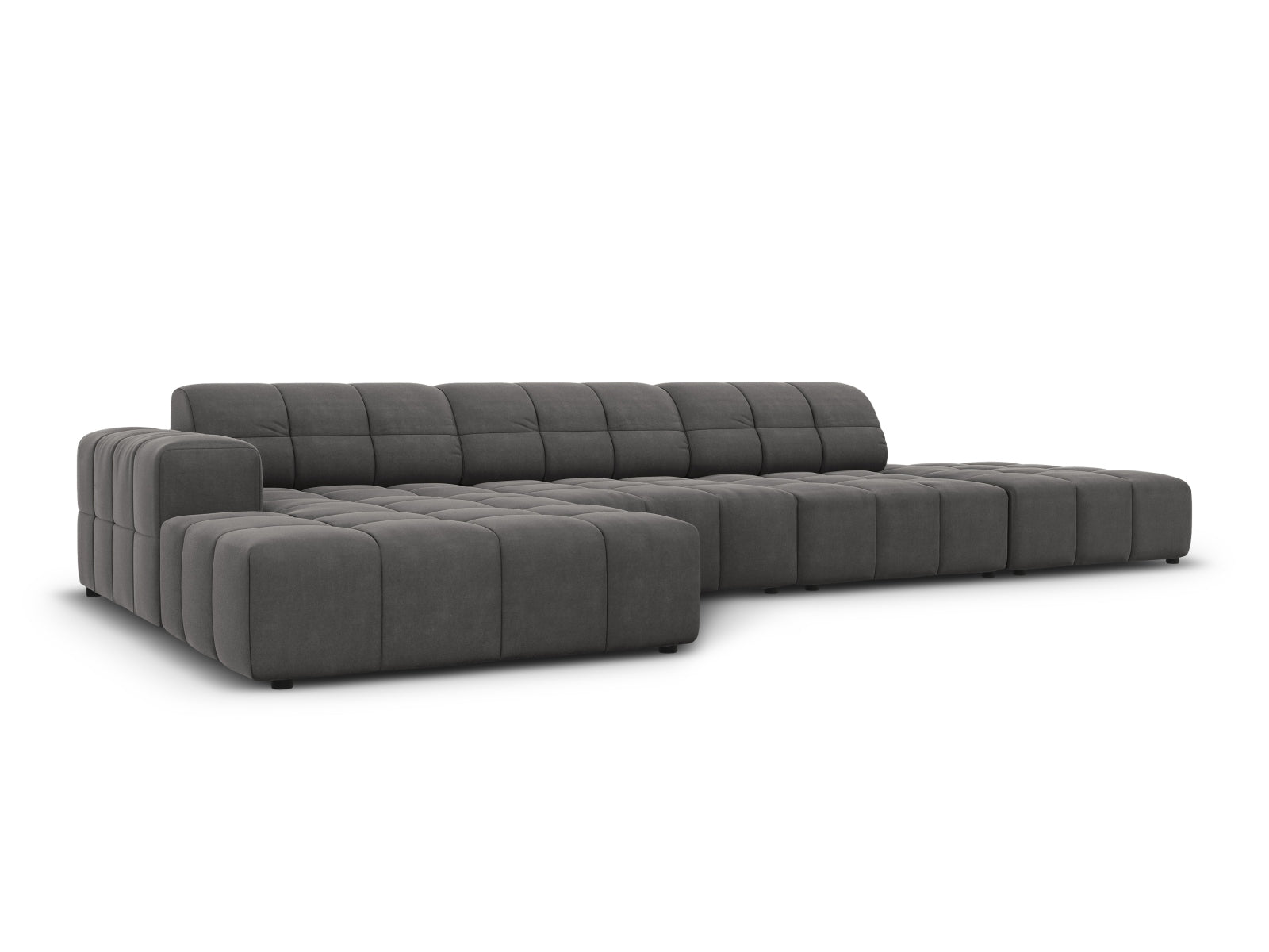 Elegantes Chicago Velour Ecksofa links, 5 Sitzer, 166cm in stilvollem Grey-Bluvel, ideal für moderne Wohnräume.