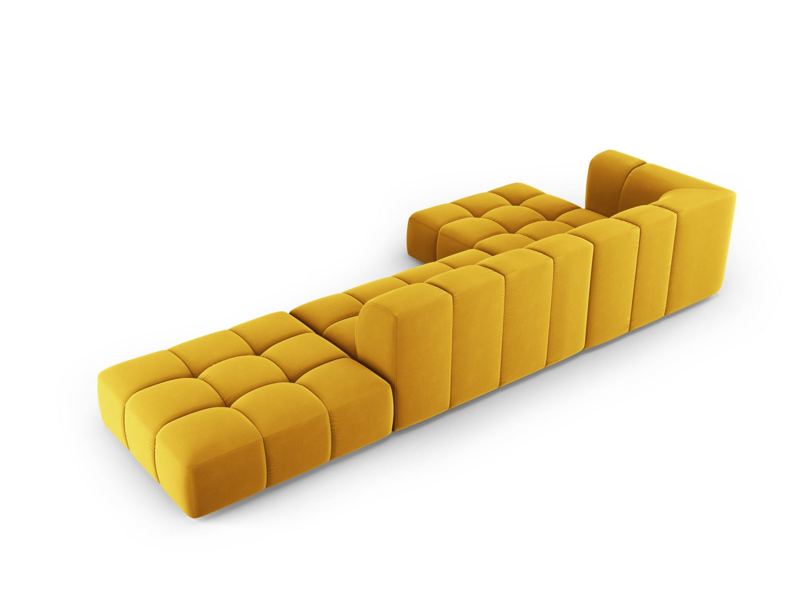 Modernes 5-Sitzer Ecksofa links Moritz in elegantem Gelb-Bluvel, ideal für entspannte Stunden und geschmackvolle Einrichtung.