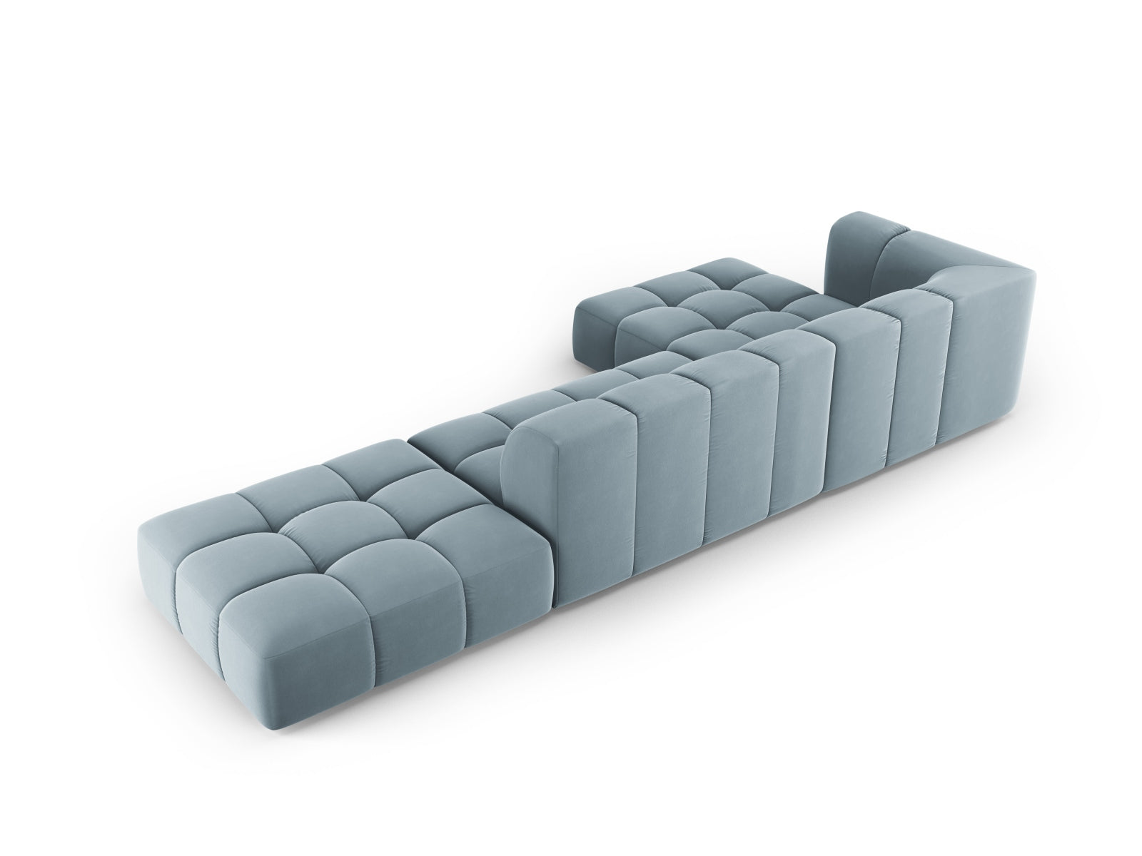 Modulares 5-Sitzer Ecksofa Moritz in sanftem Hellblau, ideal für gemütliche Abende und modernes Wohndesign.