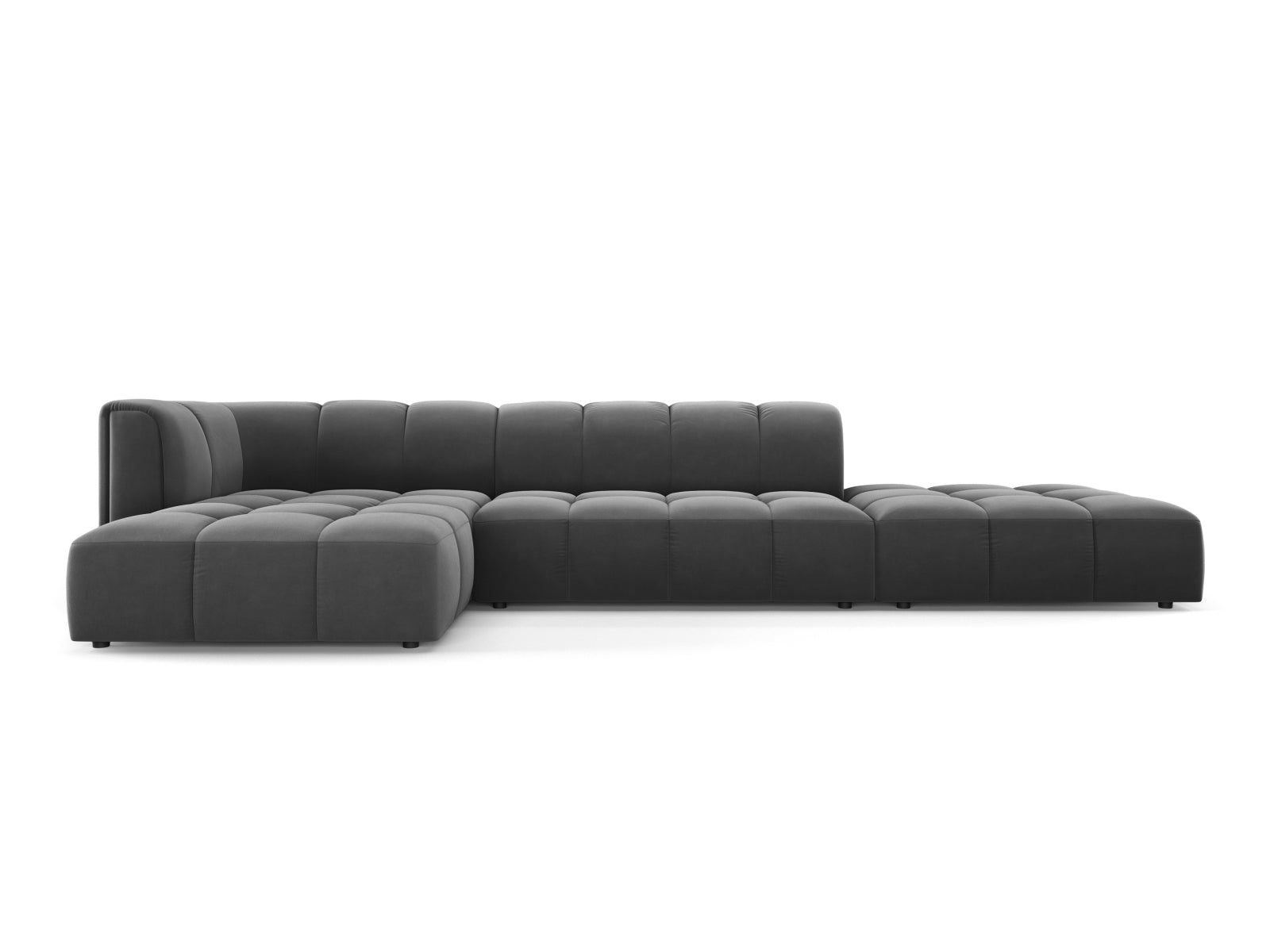 Elegantes 5-Sitzer Ecksofa Moritz in Grau-Bluvel, ideal für gemütliche Wohnräume, vereint Funktionalität und modernes Flair von Cosmopolitan Design.