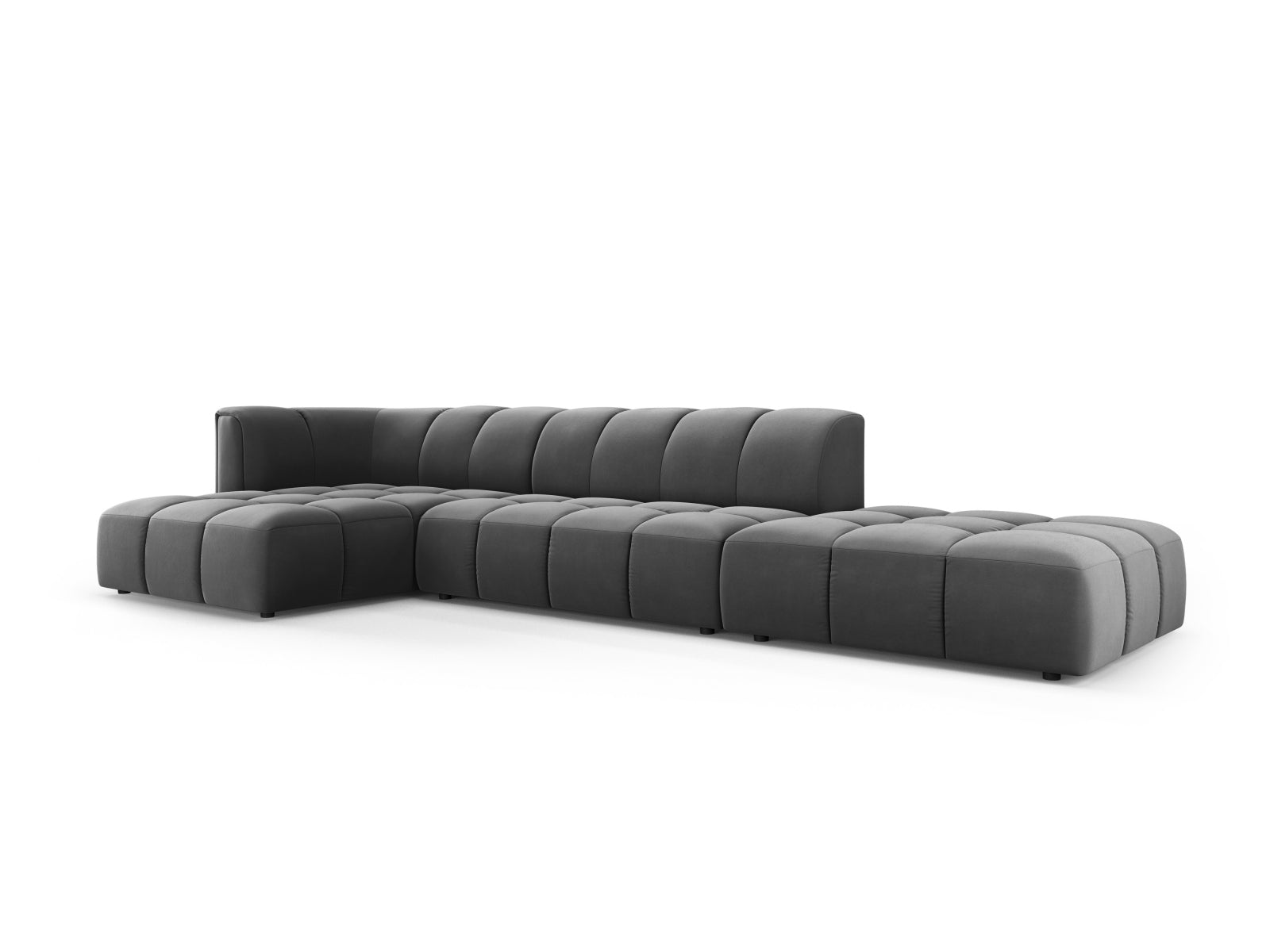 Stylisches 5-Sitzer Ecksofa Moritz in Grau-Bluvel, perfekt für entspannte Abende und modernes Wohndesign von Cosmopolitan Design.
