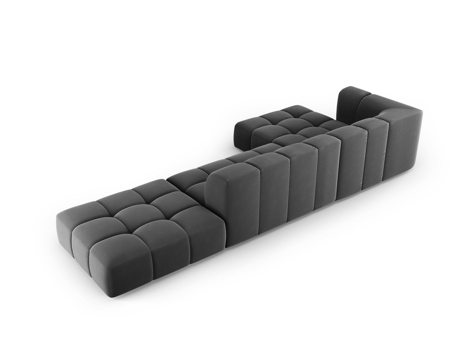 Elegantes 5-Sitzer Ecksofa Moritz in Grau-Bluvel, ideal für stilvolle Wohnräume und gemütliche Zusammenkünfte von Cosmopolitan Design.