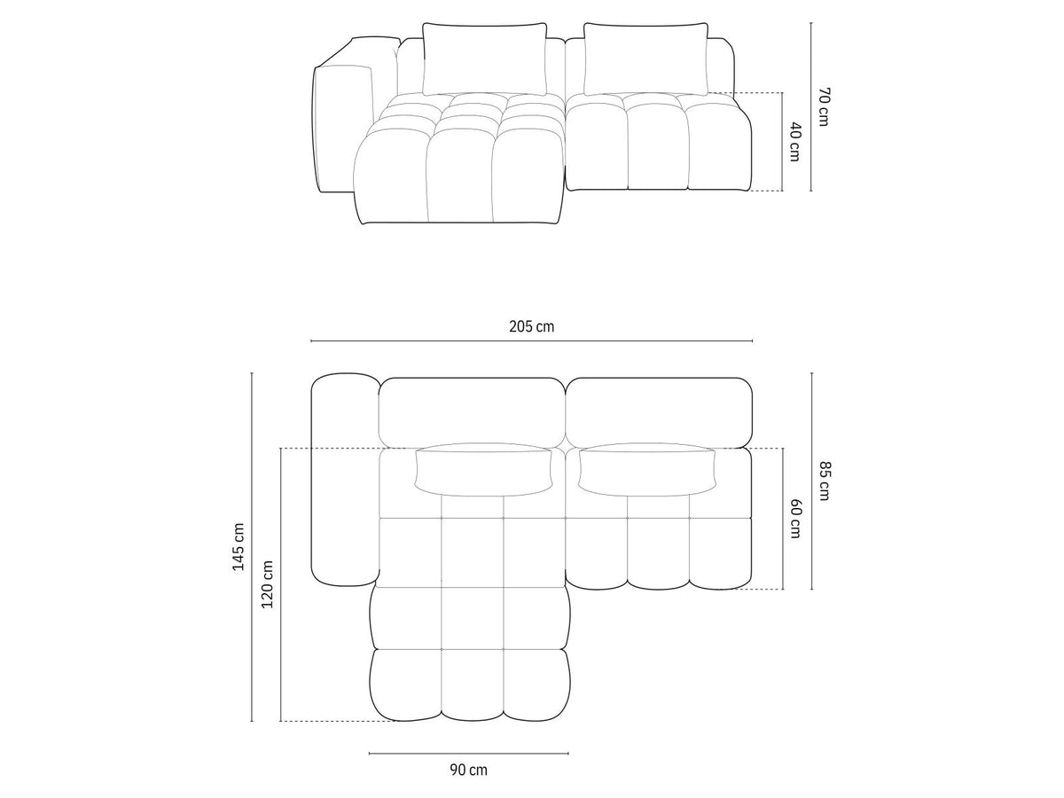 Modulares Ecksofa Verona in Sand-Casino Samt mit Massivholzrahmen, schwarzen Kunststoffbeinen und Récamiere, seitliche Ansicht.