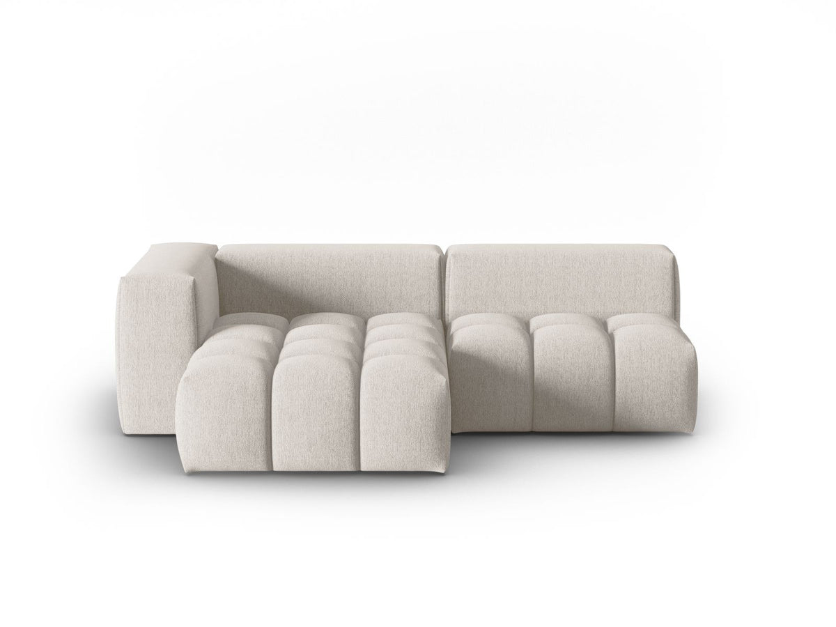 Modulares Ecksofa Verona links mit 3 Sitzplätzen in dunkelblauem Sorella-Stoff, Massivholzrahmen und schwarzen Kunststoffbeinen, Récamiere-Form.
