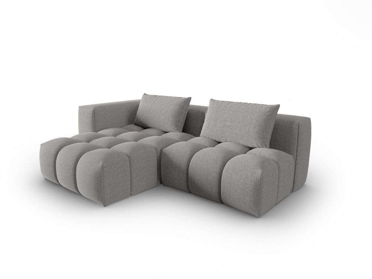Modulares Ecksofa Verona links mit 3 Sitzplätzen in dunkelblauem Sorella-Stoff, Massivholzrahmen und schwarzen Kunststoffbeinen, Récamiere-Form.