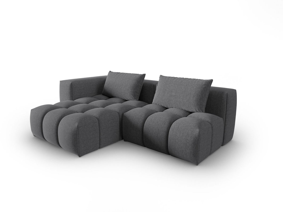 Modulares Ecksofa Verona links mit 3 Sitzplätzen in dunkelblauem Sorella-Stoff, Massivholzrahmen und schwarzen Kunststoffbeinen, Récamiere-Form.