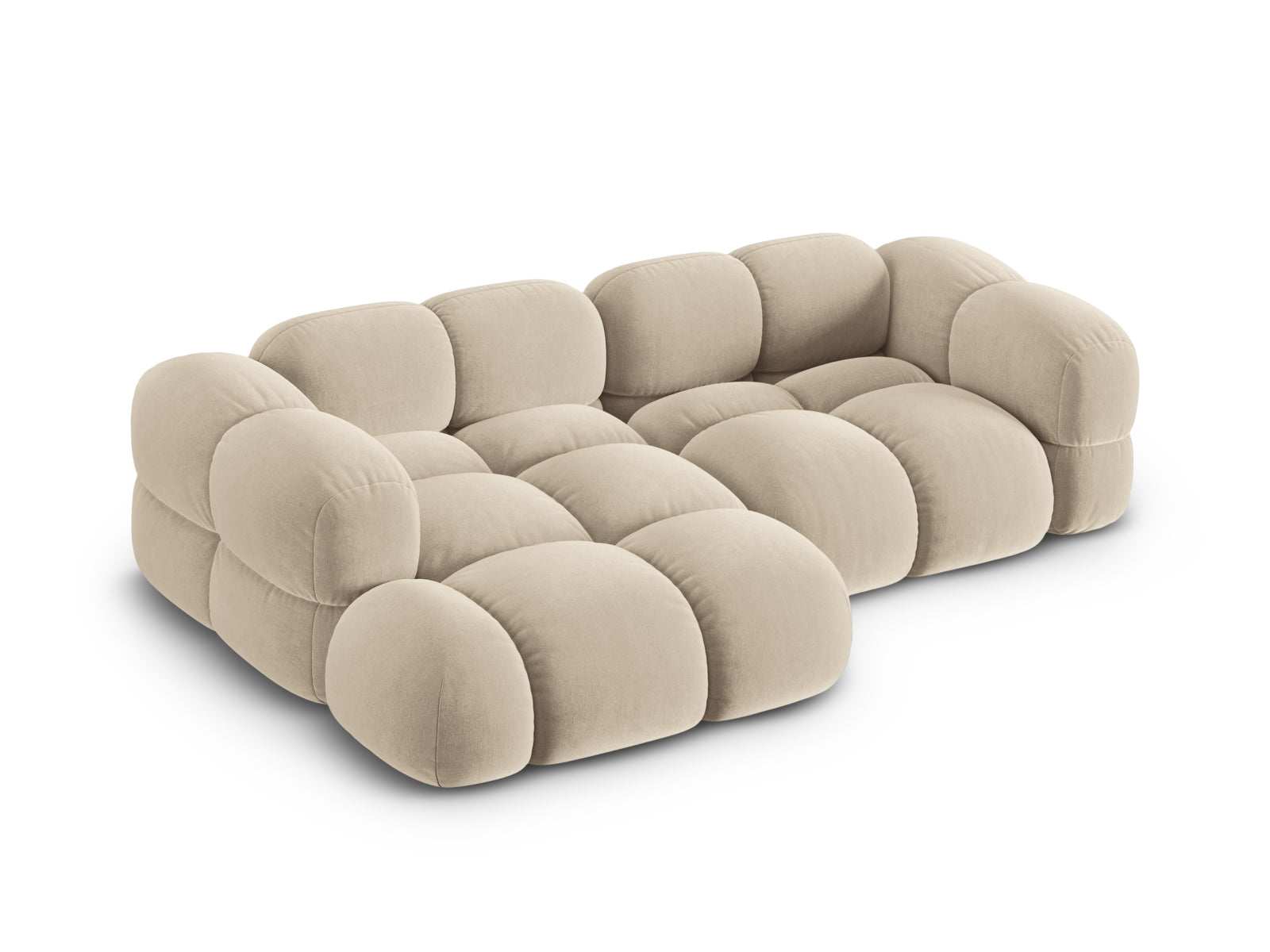 Elegantes Loretto Velour Ecksofa links, 3-Sitzer mit 147 cm, ideal für stilvolle und einladende Wohnräume von Cosmopolitan Design.