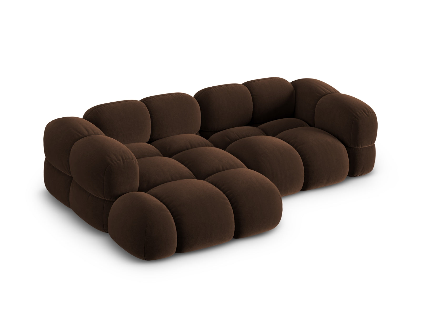 Elegantes Loretto Velour Ecksofa links, 3-Sitzer in luxuriösem Chocolate-Vogue, ideal für stilvolle und einladende Wohnräume.