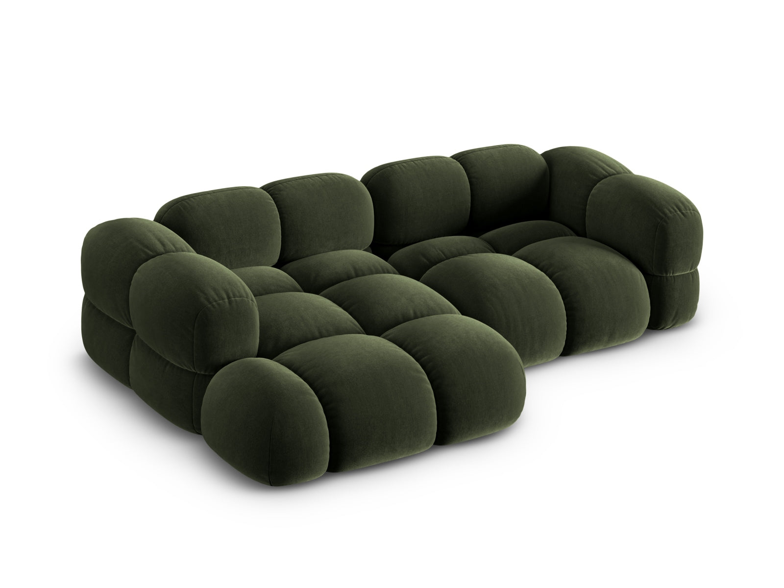 Elegantes Loretto Velour Ecksofa in tiefem Grün, 3-Sitzer, linksseitig, ideal für stilvolle und komfortable Wohnräume.