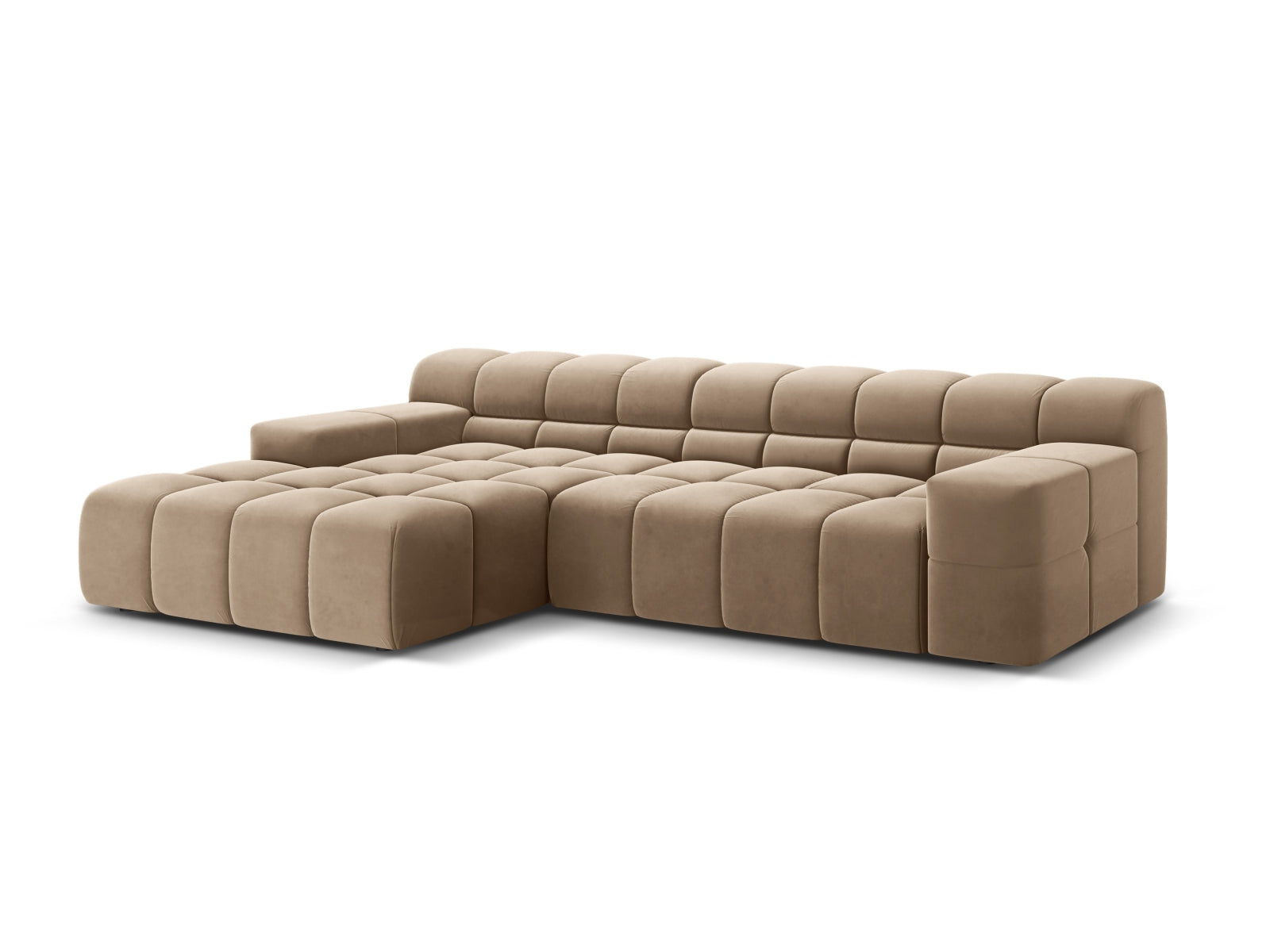 Elegantes 3-Sitzer Ecksofa links Hawaii in stilvollem Cappuccino-Magic Velvet, ideal für moderne Wohnräume.