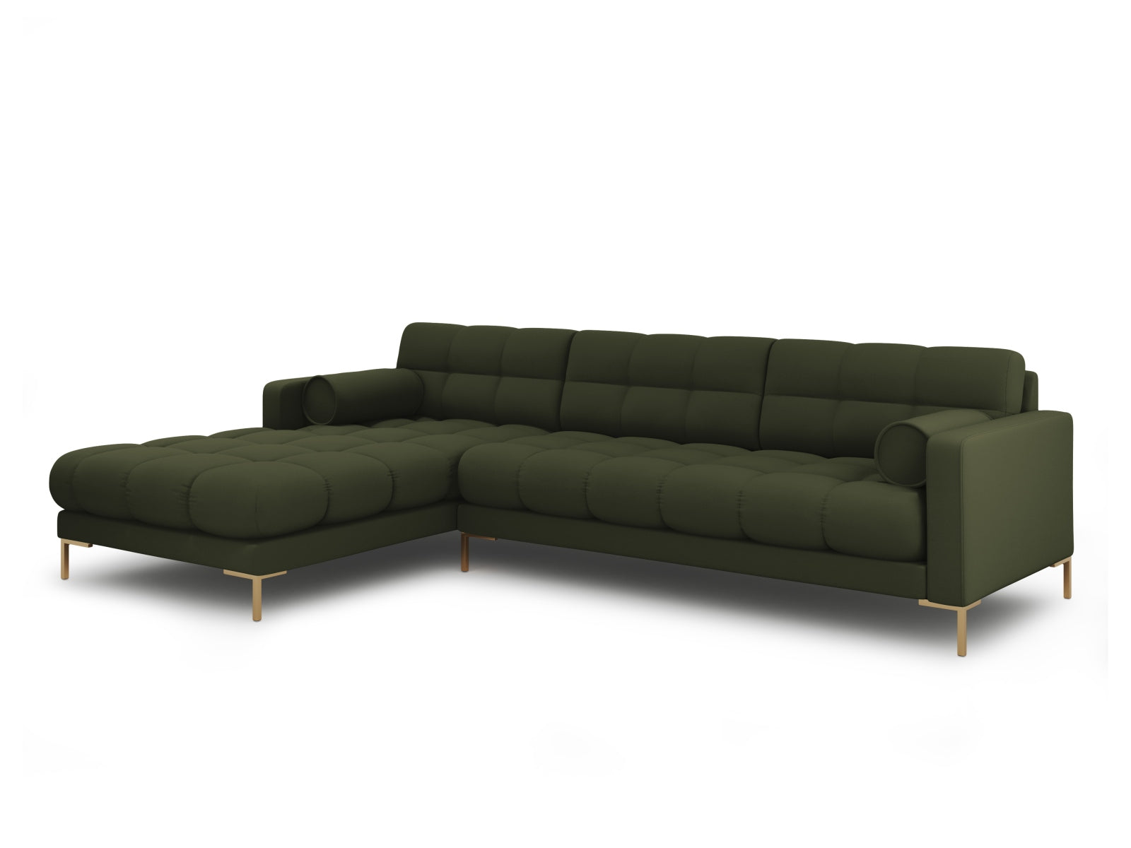 Elegantes 5-Sitzer Ecksofa links Bali in stilvollem Grün, ideal für moderne Wohnräume, erhältlich bei KAQTU Design AG.