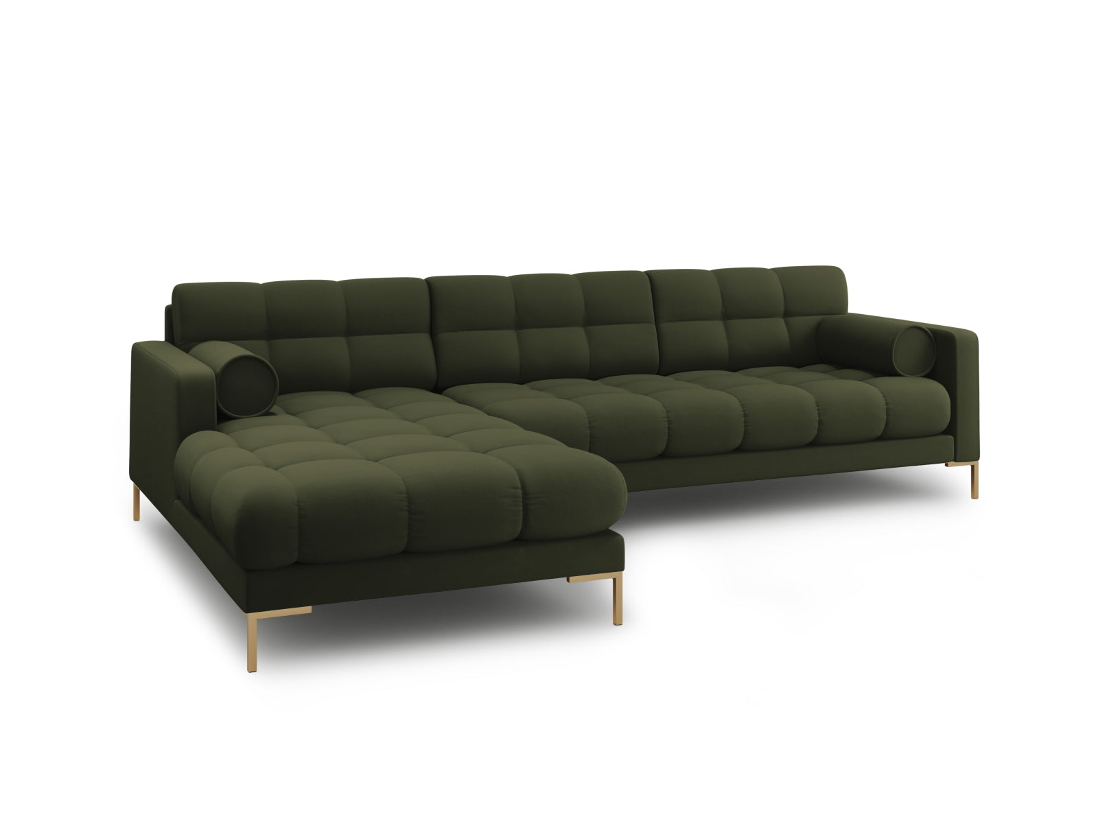 Elegantes 5-Sitzer Ecksofa links Bali in trendigem Grünton, ideal für einladende Wohnräume und entspannte Stunden.