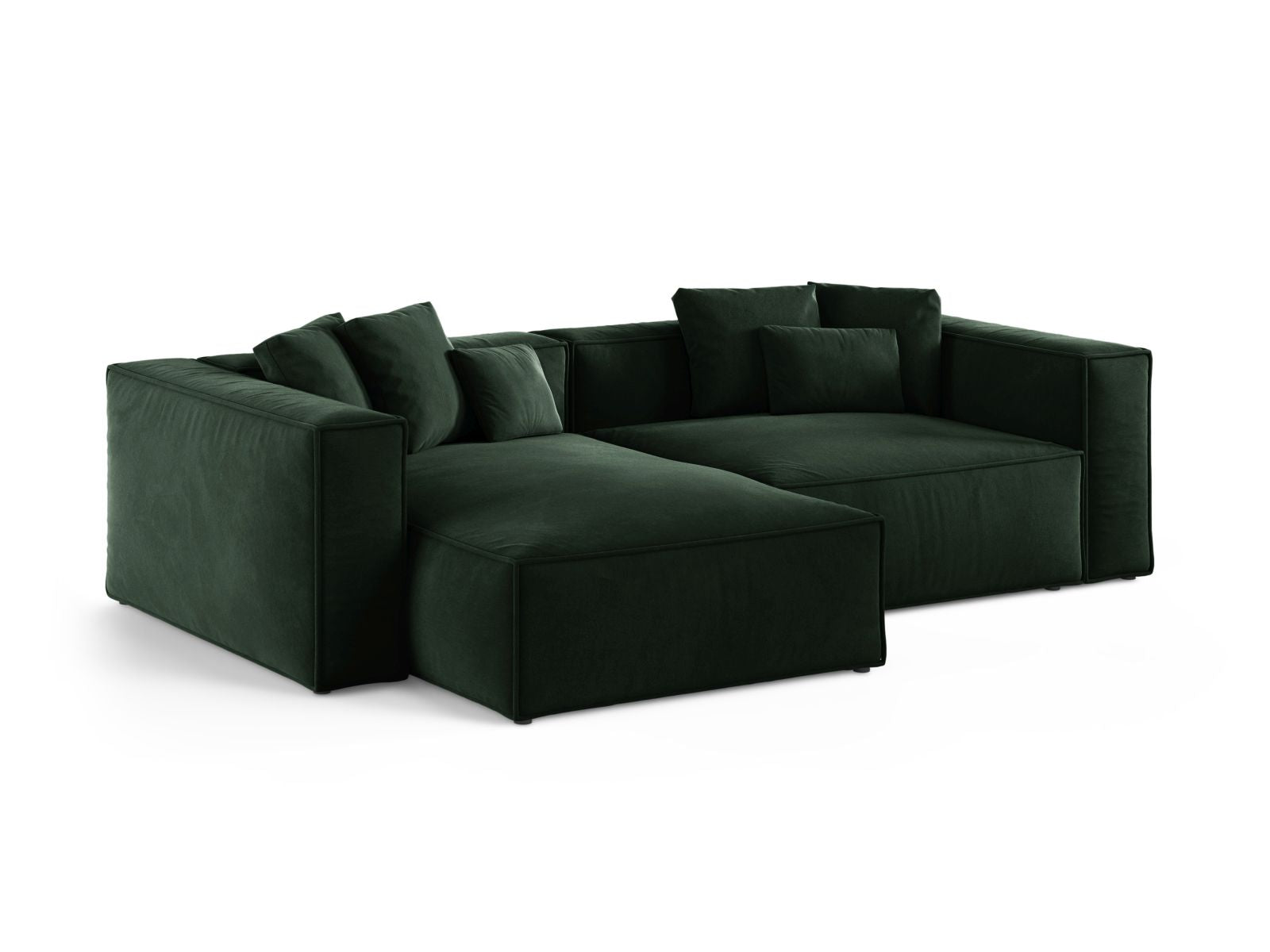Elegantes 3-Sitzer Ecksofa links Aveiro in sattem Flaschengrün, ideal für stilvolle Wohnräume, erhältlich bei KAQTU Design AG.