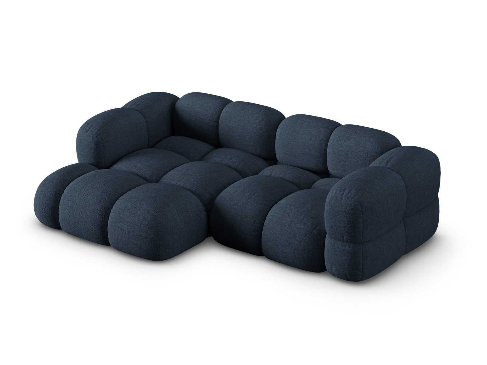 Modernes Loretto Ecksofa links in tiefem Blau, 3-Sitzer mit 147 cm, perfekt für gemütliche und stilvolle Wohnambiente von Cosmopolitan Design.