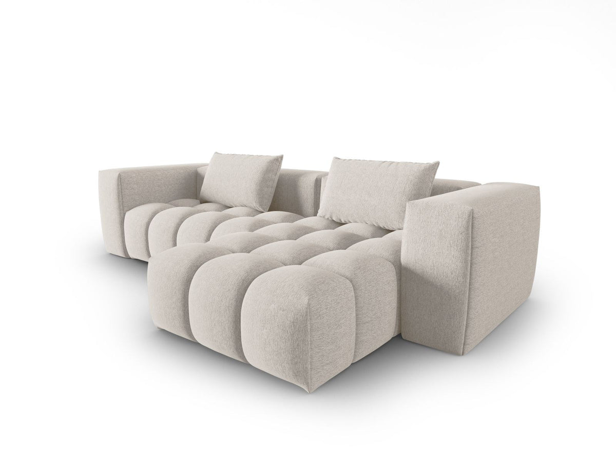 Modulares Ecksofa Verona links mit 3 Sitzplätzen in dunkelblauem Sorella-Stoff, Massivholzrahmen und schwarzen Kunststoffbeinen, Récamiere-Form.