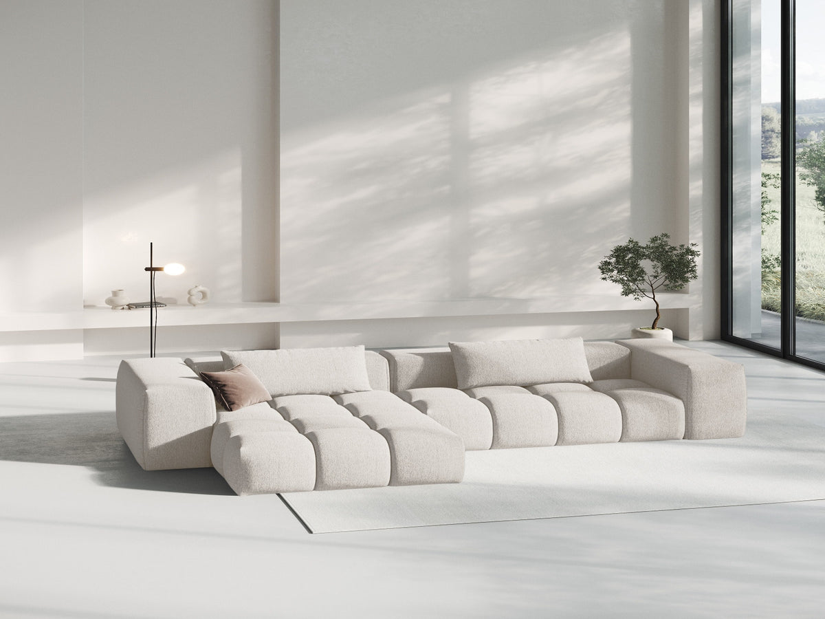 Modulares Ecksofa Verona links mit 3 Sitzplätzen in dunkelblauem Sorella-Stoff, Massivholzrahmen und schwarzen Kunststoffbeinen, Récamiere-Form.