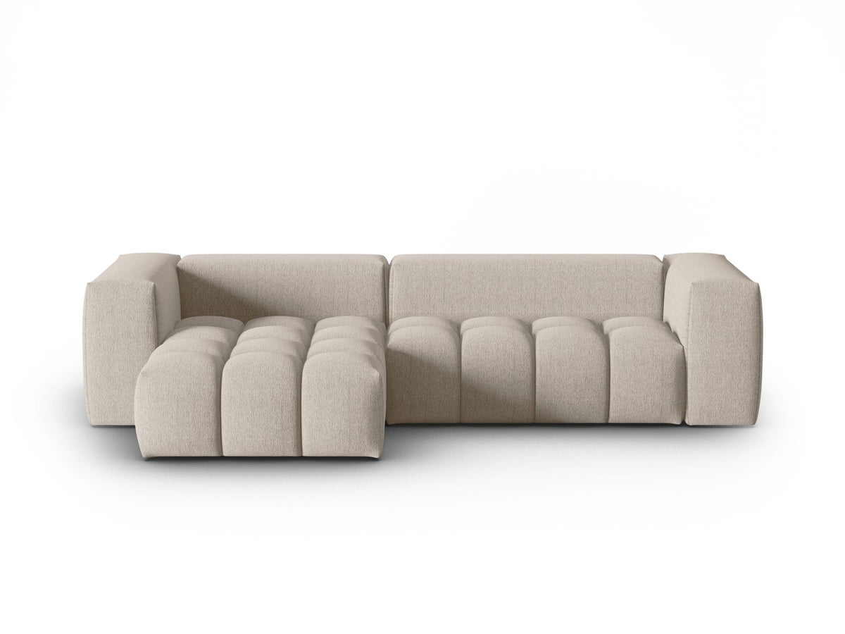 Modulares Ecksofa Verona links mit 3 Sitzplätzen in dunkelblauem Sorella-Stoff, Massivholzrahmen und schwarzen Kunststoffbeinen, Récamiere-Form.