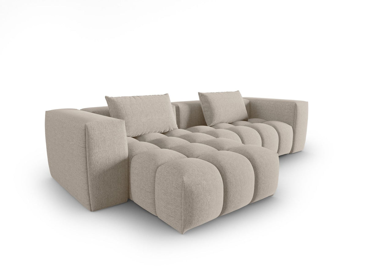 Modulares Ecksofa Verona links mit 3 Sitzplätzen in dunkelblauem Sorella-Stoff, Massivholzrahmen und schwarzen Kunststoffbeinen, Récamiere-Form.