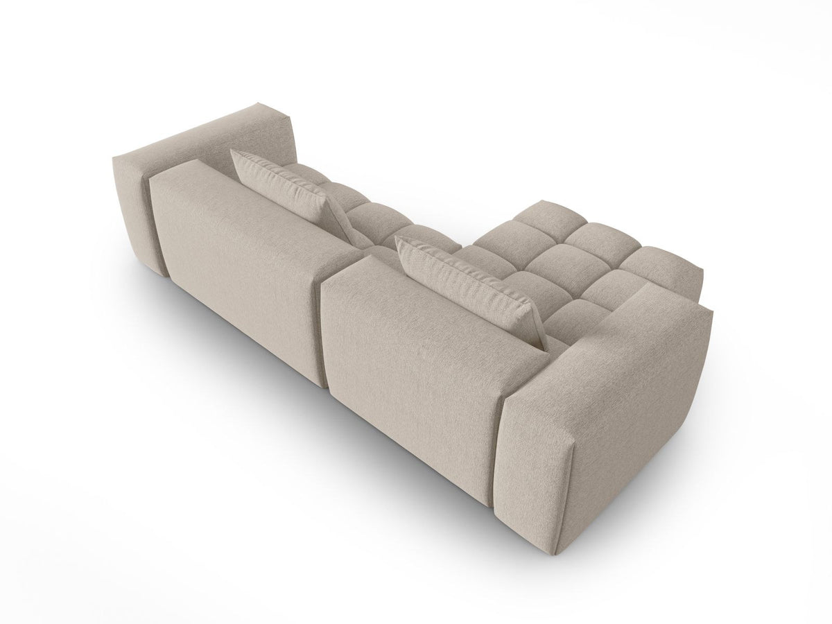 Modulares Ecksofa Verona links mit 3 Sitzplätzen in dunkelblauem Sorella-Stoff, Massivholzrahmen und schwarzen Kunststoffbeinen, Récamiere-Form.