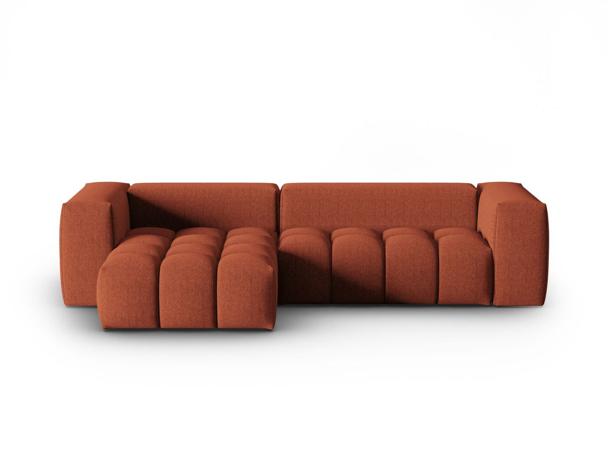 Modulares Ecksofa Verona links mit 3 Sitzplätzen in dunkelblauem Sorella-Stoff, Massivholzrahmen und schwarzen Kunststoffbeinen, Récamiere-Form.
