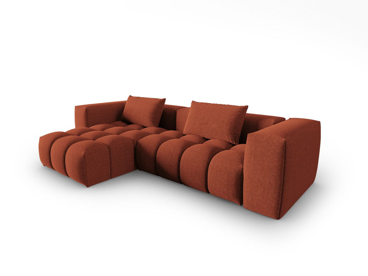 Modulares Ecksofa Verona links mit 3 Sitzplätzen in dunkelblauem Sorella-Stoff, Massivholzrahmen und schwarzen Kunststoffbeinen, Récamiere-Form.