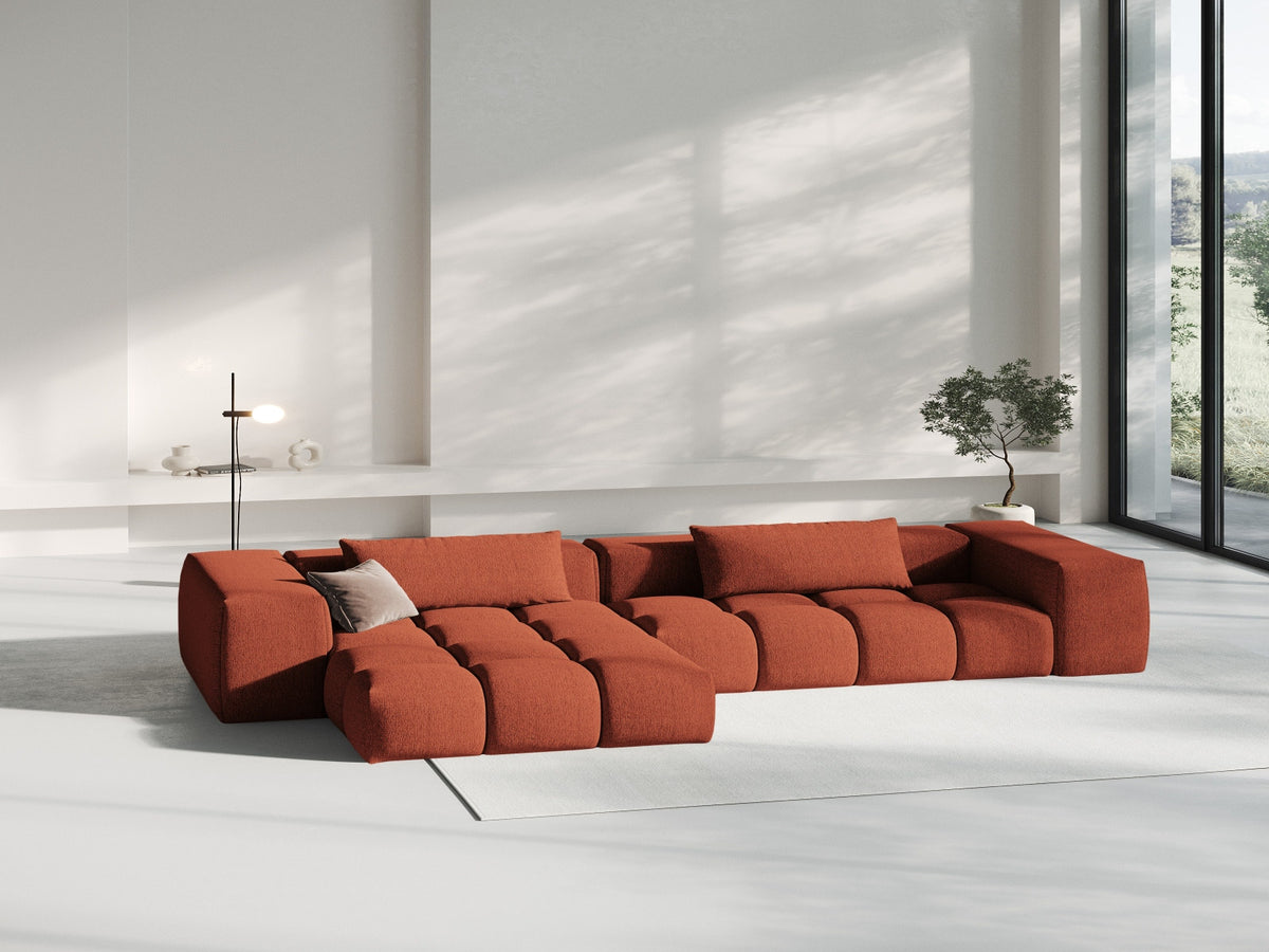Modulares Ecksofa Verona links mit 3 Sitzplätzen in dunkelblauem Sorella-Stoff, Massivholzrahmen und schwarzen Kunststoffbeinen, Récamiere-Form.