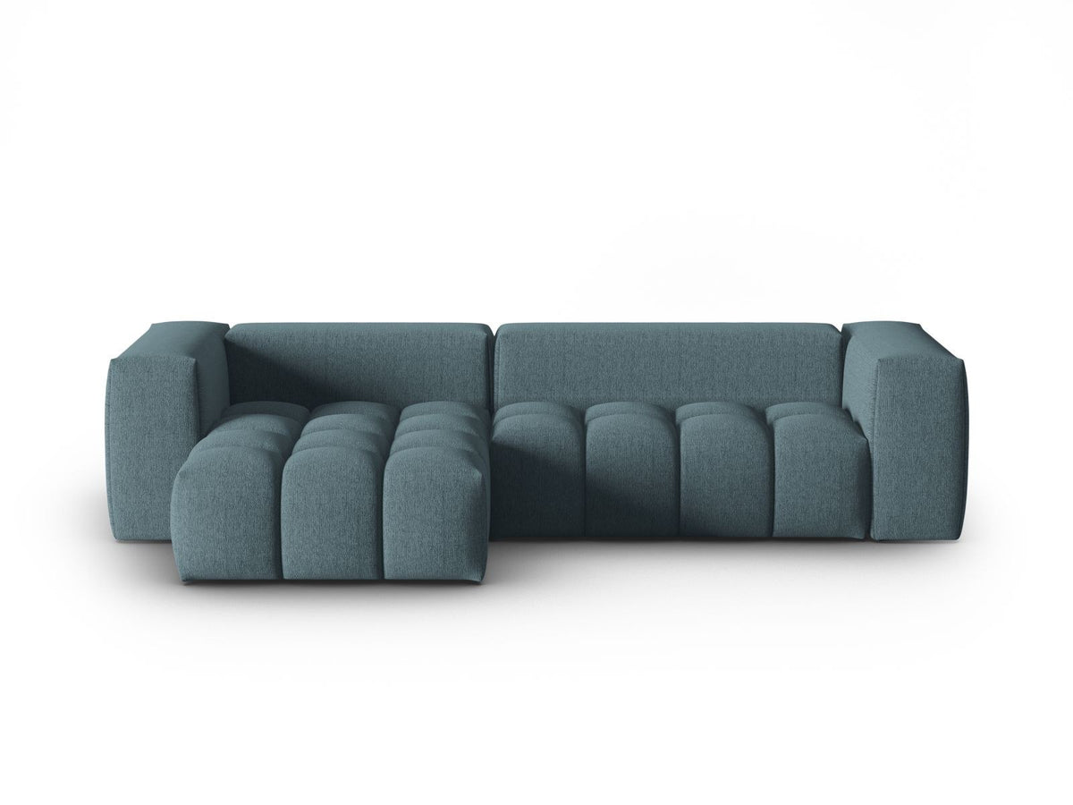 Modulares Ecksofa Verona links mit 3 Sitzplätzen in dunkelblauem Sorella-Stoff, Massivholzrahmen und schwarzen Kunststoffbeinen, Récamiere-Form.