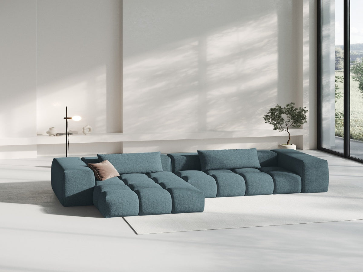 Modulares Ecksofa Verona links mit 3 Sitzplätzen in dunkelblauem Sorella-Stoff, Massivholzrahmen und schwarzen Kunststoffbeinen, Récamiere-Form.