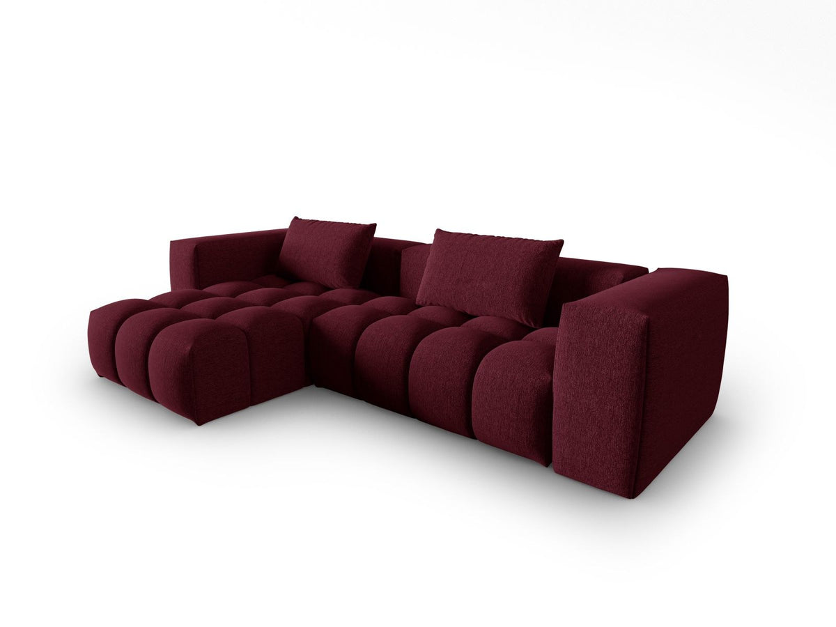 Modulares Ecksofa Verona links mit 3 Sitzplätzen in dunkelblauem Sorella-Stoff, Massivholzrahmen und schwarzen Kunststoffbeinen, Récamiere-Form.