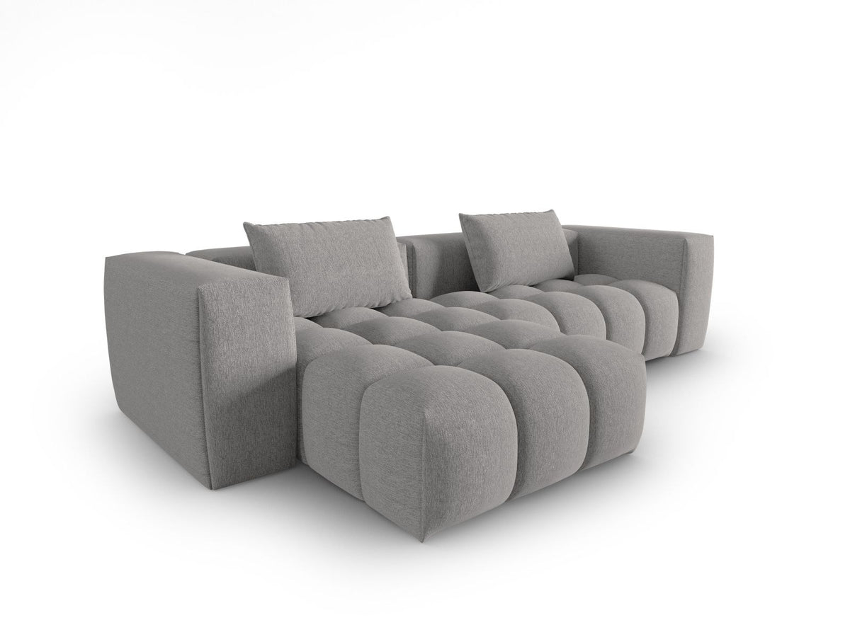 Modulares Ecksofa Verona links mit 3 Sitzplätzen in dunkelblauem Sorella-Stoff, Massivholzrahmen und schwarzen Kunststoffbeinen, Récamiere-Form.