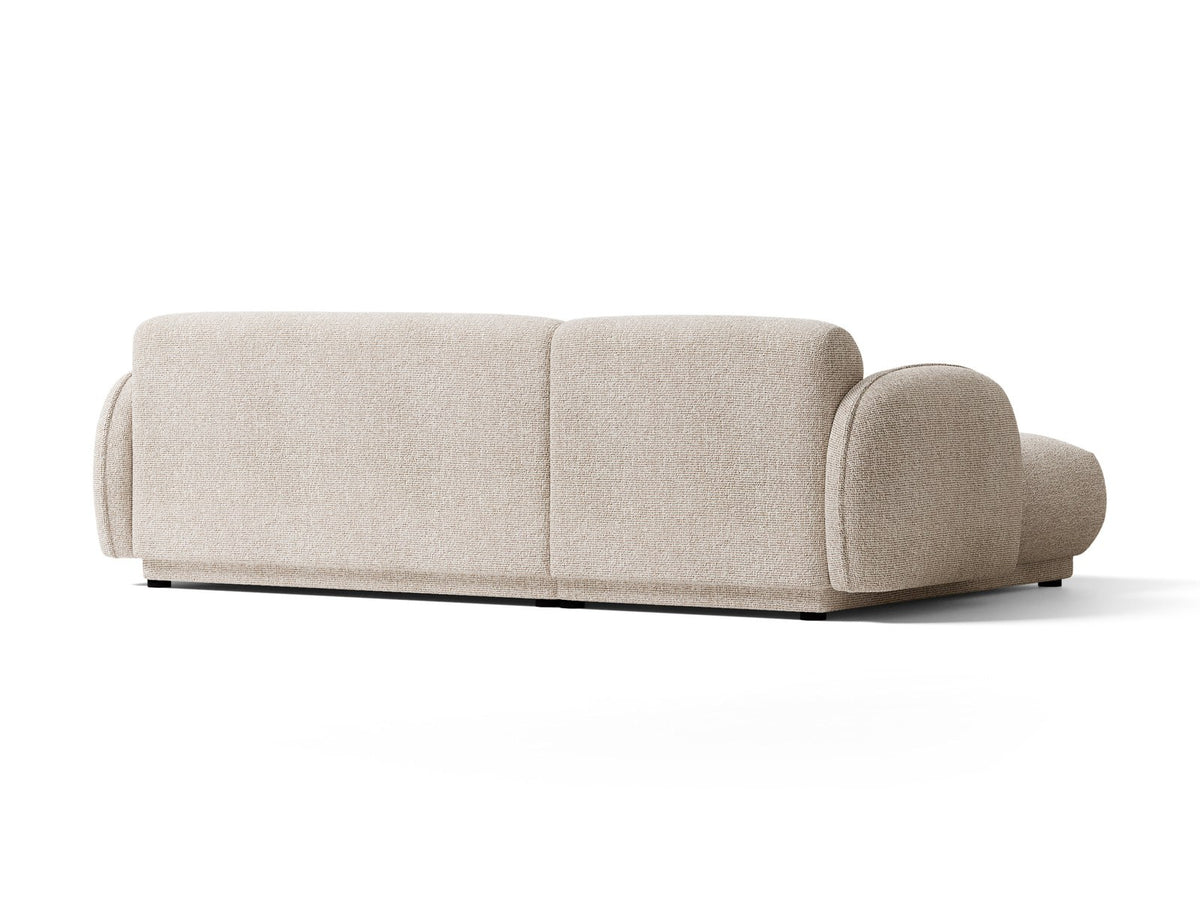 Beige-meliertes Boucle-Ecksofa links mit Récamiere, Massivholzrahmen und schwarzen Kunststoffbeinen, Cosmopolitan Design Bilbao Serie.