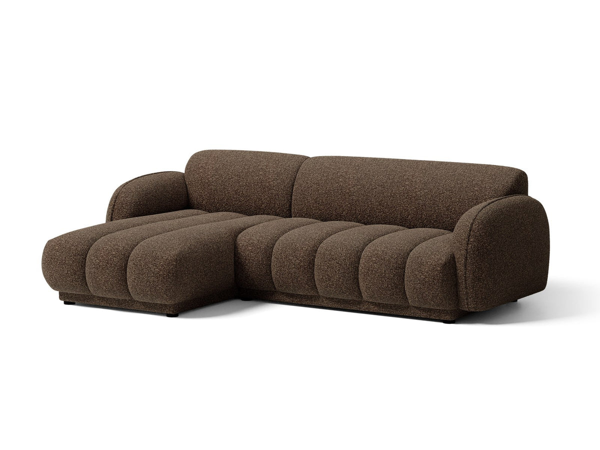 Beige-meliertes Boucle-Ecksofa links mit Récamiere, Massivholzrahmen und schwarzen Kunststoffbeinen, Cosmopolitan Design Bilbao Serie.