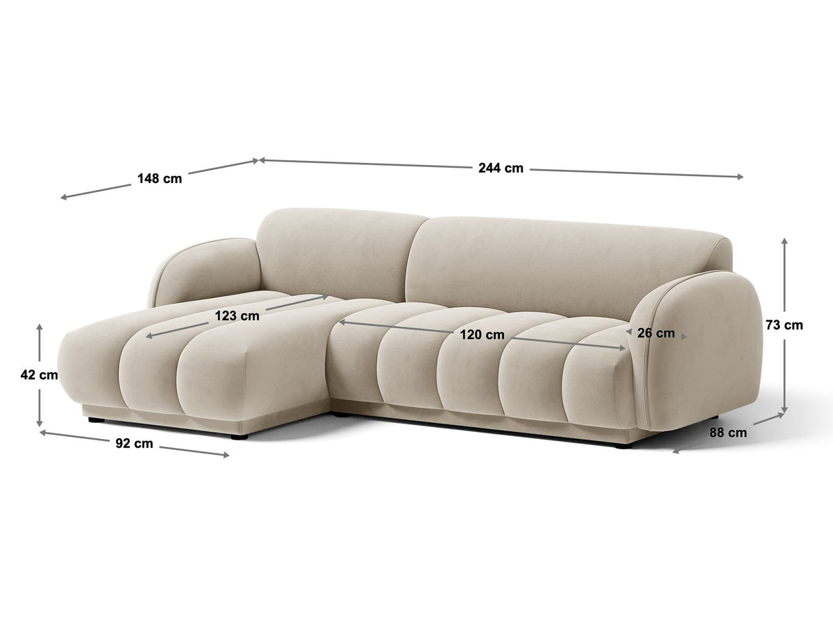 Beige-meliertes Boucle-Ecksofa links mit Récamiere, Massivholzrahmen und schwarzen Kunststoffbeinen, Cosmopolitan Design Bilbao Serie.