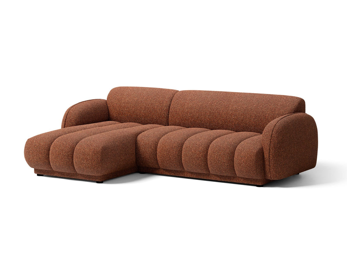 Beige-meliertes Boucle-Ecksofa links mit Récamiere, Massivholzrahmen und schwarzen Kunststoffbeinen, Cosmopolitan Design Bilbao Serie.