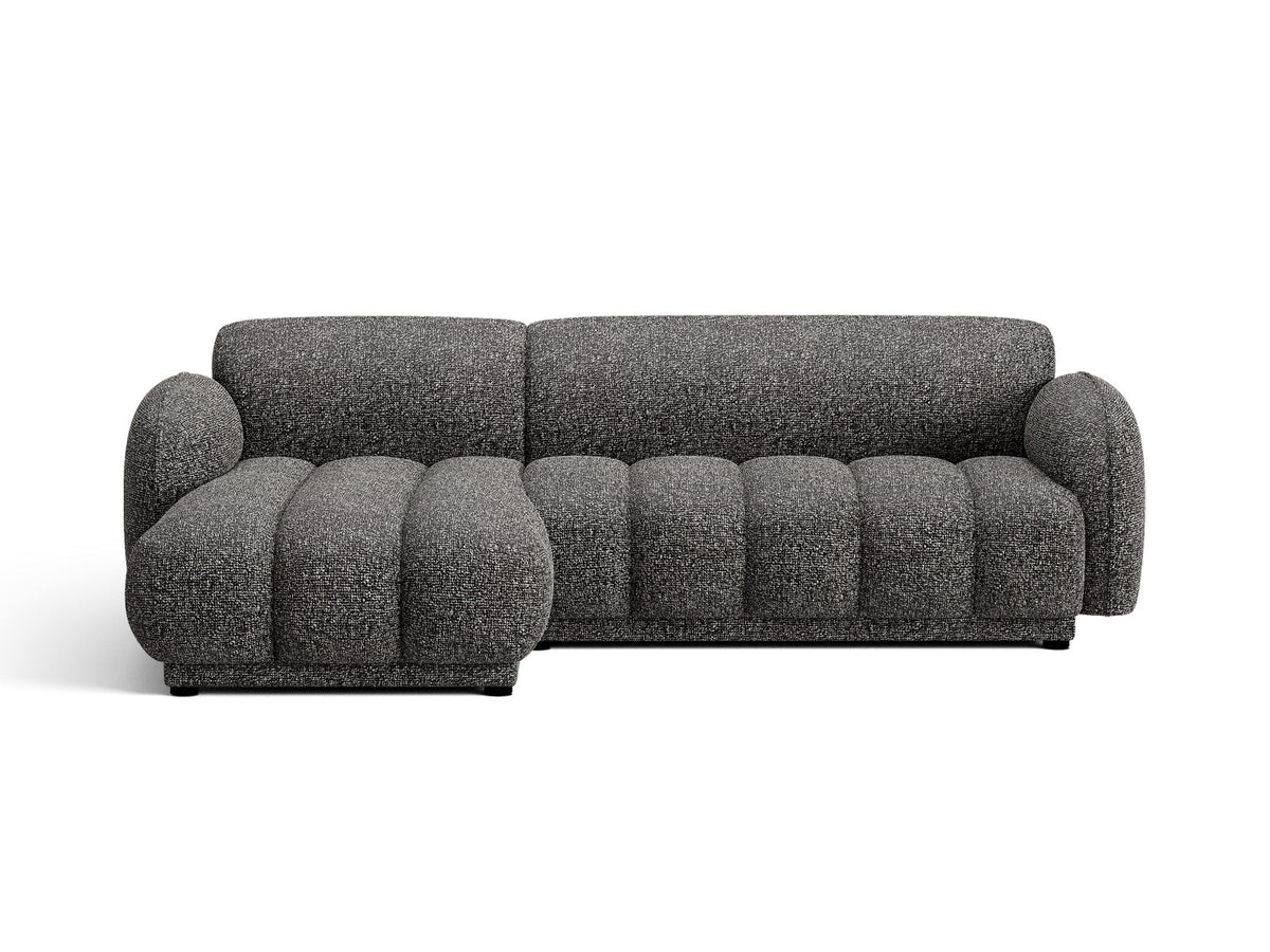 Beige-meliertes Boucle-Ecksofa links mit Récamiere, Massivholzrahmen und schwarzen Kunststoffbeinen, Cosmopolitan Design Bilbao Serie.