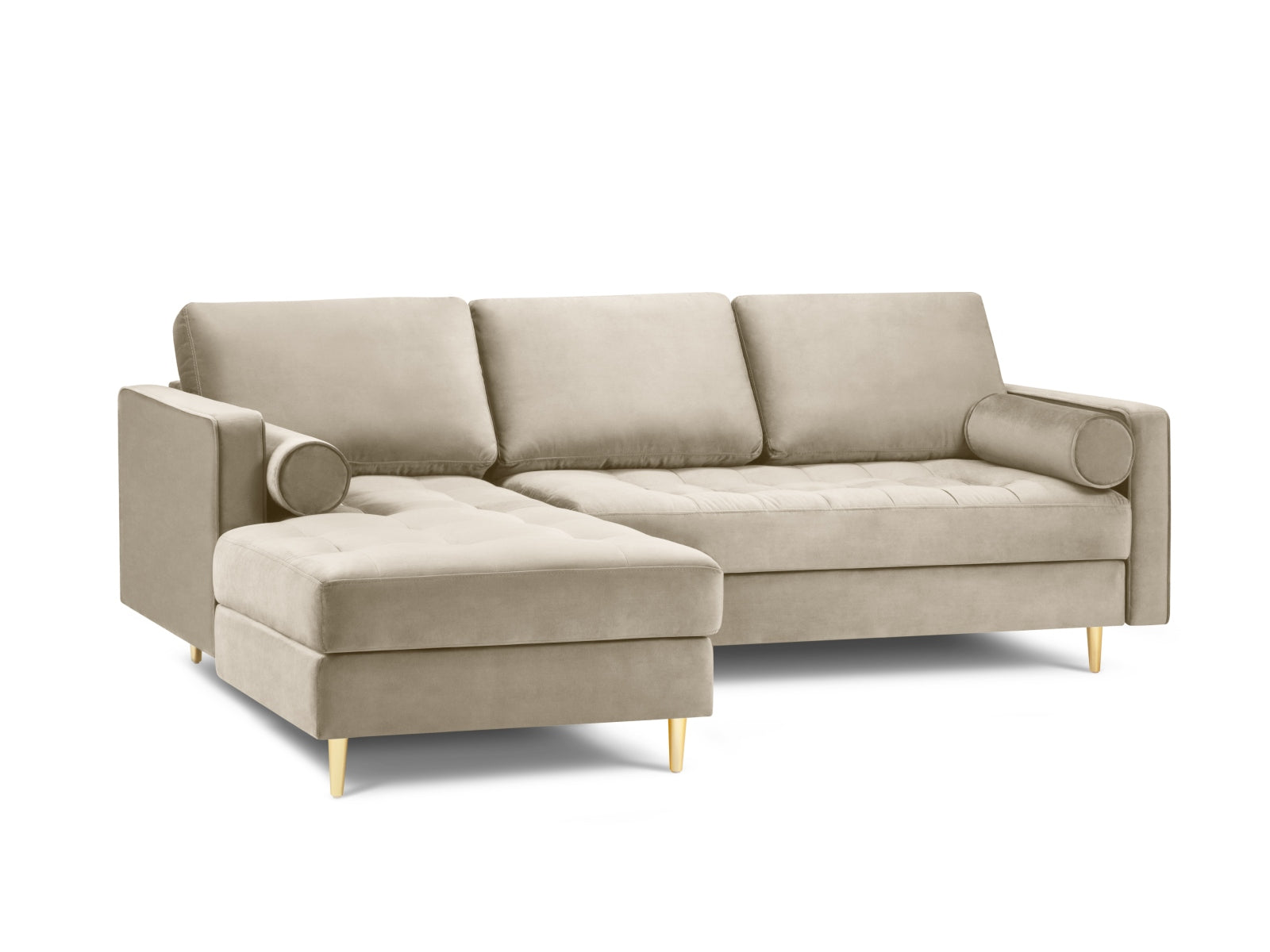 Stilvolles 4-Sitzer Ecksofa links Aspen in edlem Dunkelbeige, perfekt für zeitgemäße Wohnkonzepte und gemütliche Atmosphäre.