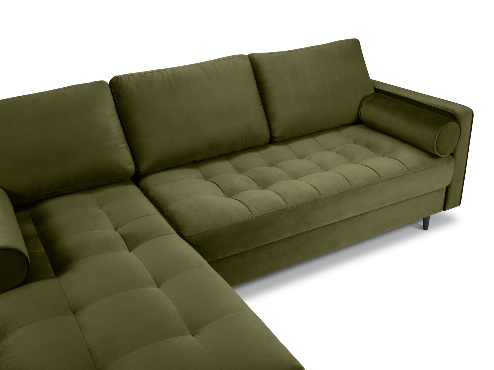 Elegantes 4-Sitzer Ecksofa links Aspen in trendigem Grünton, ideal für gemütliche Abende und stilvolle Einrichtung.