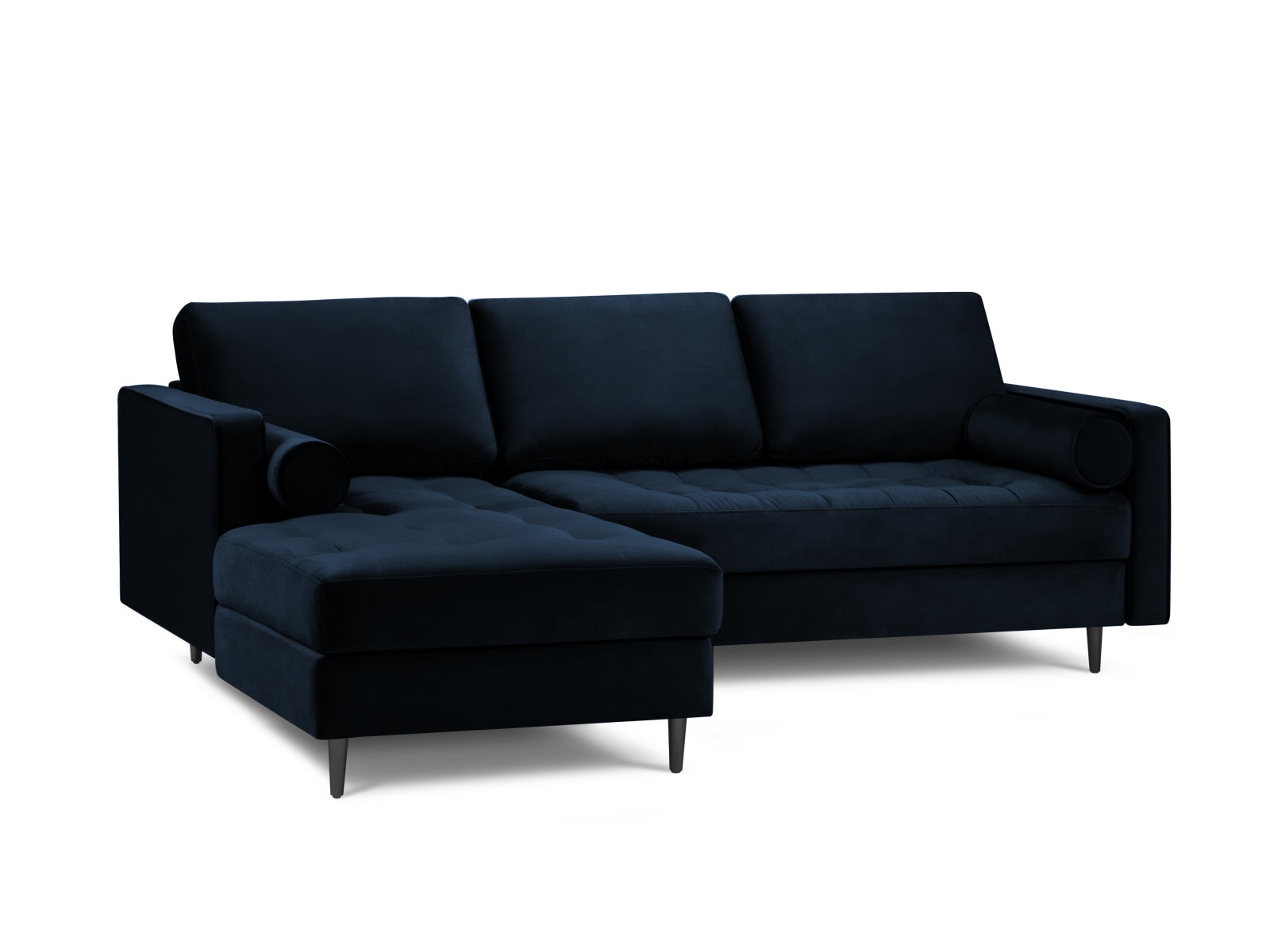 Modernes 4-Sitzer Ecksofa links Aspen in Royal Blue, perfekt für gemütliche Räume, bietet eine harmonische Kombination aus Stil und Bequemlichkeit.