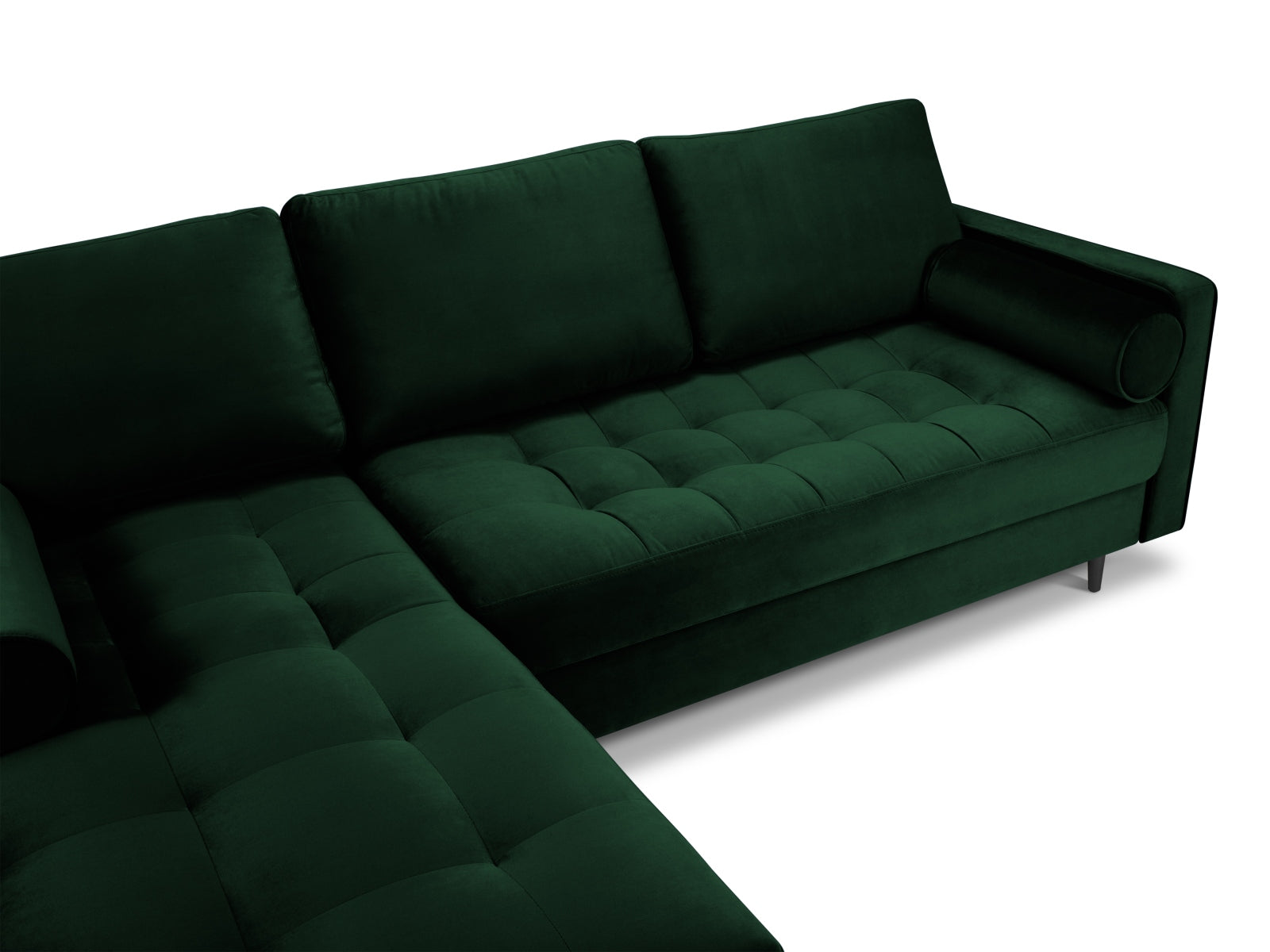 Elegantes 4-Sitzer Ecksofa links Aspen in edlem Flaschengrün, ideal für stilvolle Wohnräume und entspannte Stunden mit Freunden.