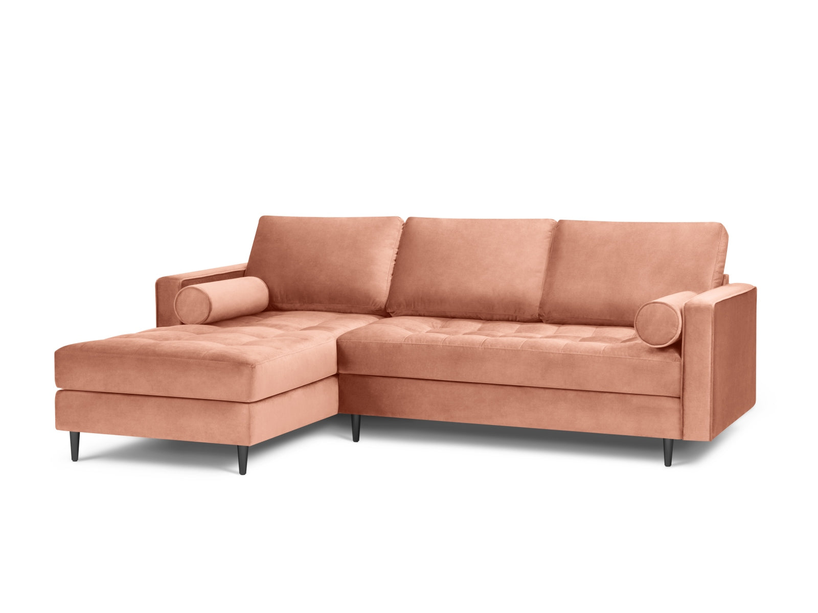 Stylisches 4-Sitzer Ecksofa links Aspen in modernem Pink, ideal für gemütliche Wohnräume, erhältlich bei KAQTU Design AG.